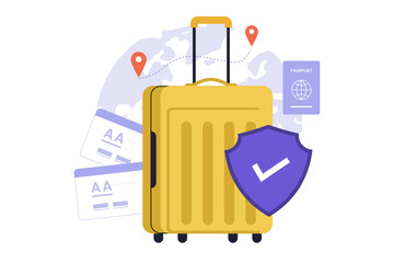 Global Travel Insurance and Luggage Protection for International Vacation Illustration. Illustration of a yellow suitcase, flight tickets, and a passport, representing comprehensive travel coverage