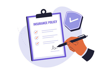 Signing Insurance Policy Agreement and Legal Protection Contract Illustration. Illustration of a hand signing an insurance policy document with a pen, Symbolize a legal commitment and protection