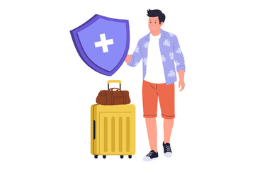 Travel Medical Cover and International Emergency Health Insurance Illustration. Illustration focusing on medical protection for travelers, featuring safety shields alongside travel documents