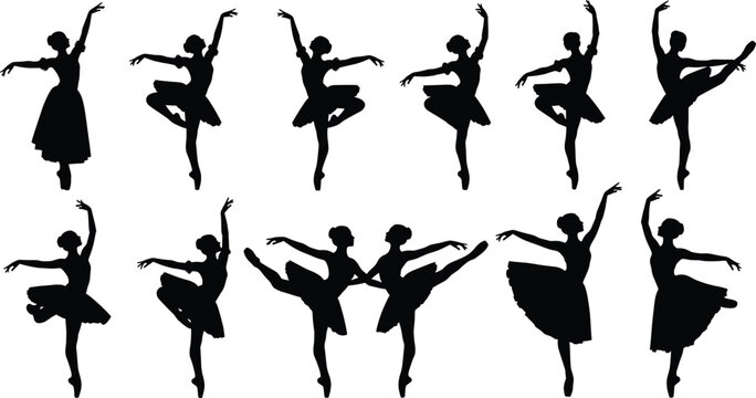 Black silhouettes of multiple ballerinas in various dance poses ballet, ballerina, silhouette, black, white background, dance, dancers, women, female, poses, movements, artistic, performance, graceful