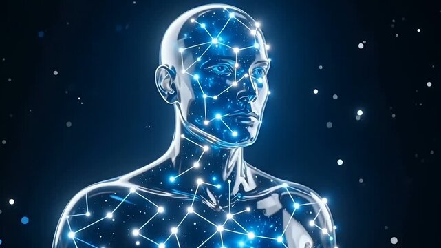 Futuristic Digital Humanoid with Glowing Network Connections - 3D Render Animation