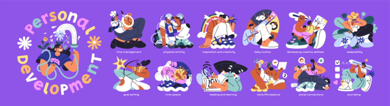 Personal growth concept set. Improvement of life quality with self learning, development of abilities and skills, mindset, planning, journaling, sport, mental health. Flat isolated vector illustration