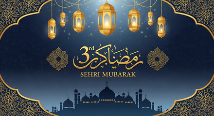 Gold-and-blue composition with intricate borders and &ldquo;Sehri Mubarak&rdquo;, HD and 4k image