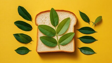Artistic Still Life of Wheat Bread Slice Decorated with Green Leaves on Textured Yellow Background