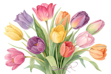 Obraz premium Tulip flower bouquet botanical illustration. Spring flowers isolated on transparent background.