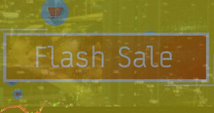 Animation of data processing and flash sale text with icons over cityscape