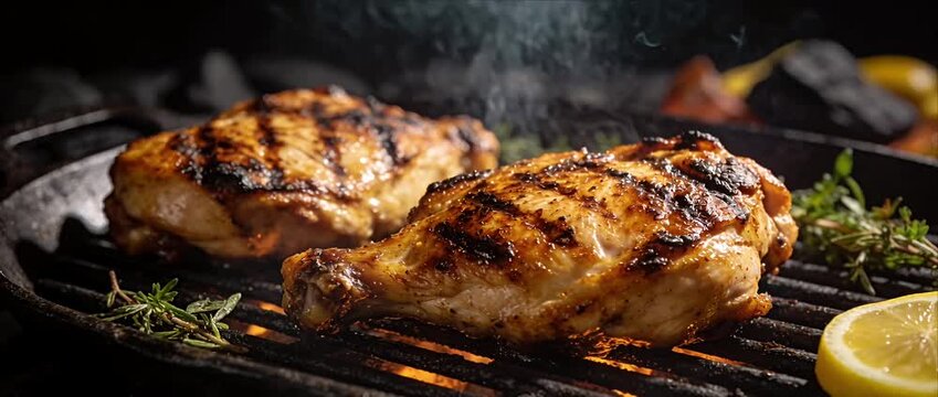Grilled food barbecue close up cinematic cooking commercial juicy chicken thigh smoky cast iron grill with flame herb garnish rosemary lemon slice rustic charcoal background for tasty outdoor dinner