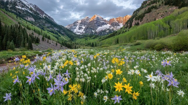 Vibrant Mountain Meadow with Wildflowers in Bloom and Snow Capped Peaks Under Cloudy Blue Sky at Golden Hour in Wasatch Range Landscape