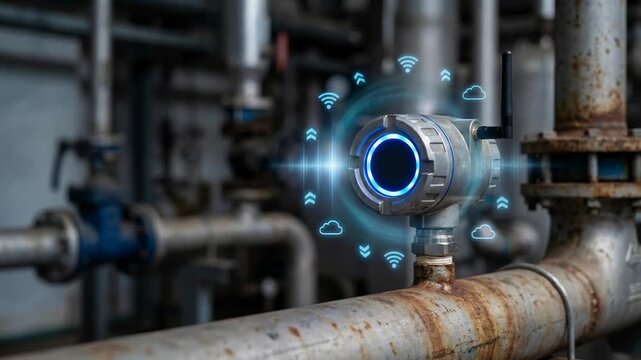 Smart industrial sensor with wireless communication on rusty metal pipe in factory environment showing advanced technology and connectivity innovation