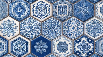 Blue and White Hexagonal Tile Pattern with Intricate Floral and Geometric Designs Seamlessly Arranged Creating Ornate Background