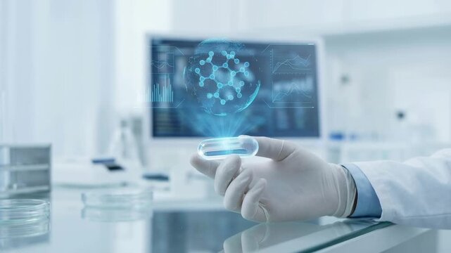 Scientist hand holding capsule with molecular structure and data hologram in laboratory research environment for advanced scientific study