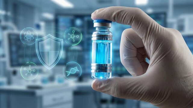 Hand holding vaccine vial with blue liquid in medical laboratory, gloved hand with medical icons and shield symbol showing protection and science