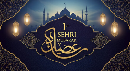 1st Sehri Mubarak" in English/Arabic, set on a dark-to-light blue gradient with gold patterns and hanging lanterns, HD and 4k image