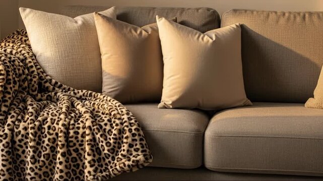 Cozy sofa transformation with leopard pattern throw and plush cushions in warm lighting