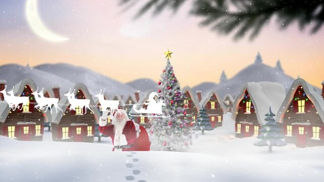 A composite image of santa claus in front of decorated houses, with falling snow in the background