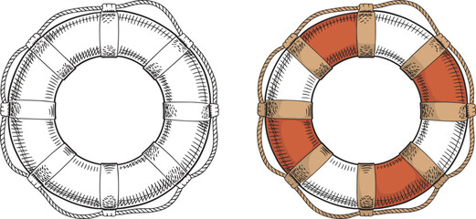 Hand drawn lifebuoy collection for maritime safety rescue and nautical emergency equipment vector illustration © MdMajnur