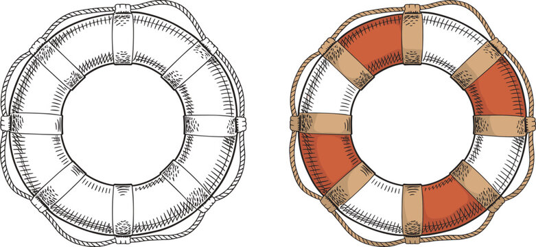 Hand drawn lifebuoy collection for maritime safety rescue and nautical emergency equipment vector illustration