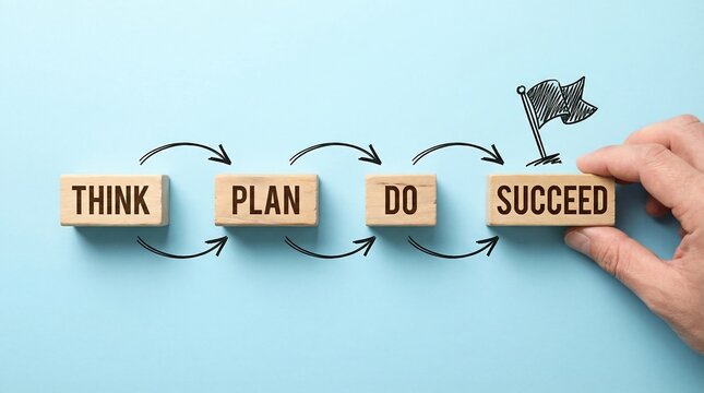 A hand places the final wooden block labeled SUCCEED completing the continuous process diagram of Think, Plan, Do, and Succeed on a light blue background.