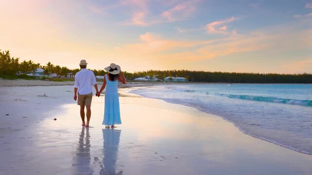A romantic honeymoon couple walks on a tropical paradise beach and enjoys the beautiful sunset, Bahamas, Caribbean islands