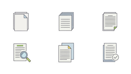Six icons depicting stacks of documents with various annotations