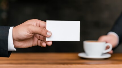 Obraz premium A hand offers a blank business card while another hand reaches for a coffee cup on a wooden table, suggesting a professional or networking scenario.