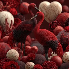 Fototapeta premium Romantic valentine's day with elegant red cranes surrounded by heart-shaped decorations