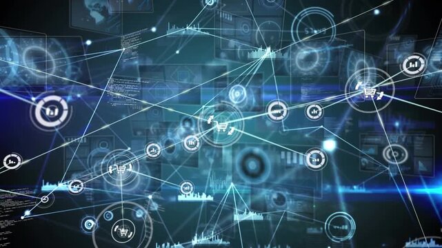 Animation of connected icons and dots, graphs, circles, globe and programming language