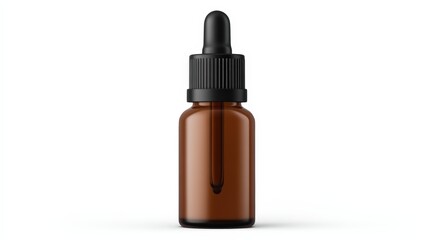 A brown glass dropper bottle with a black lid, typically used for essential oils or liquid medicines.