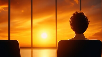 A silhouette of a person gazing at a vibrant sunset through large windows, evoking a sense of contemplation and tranquility.