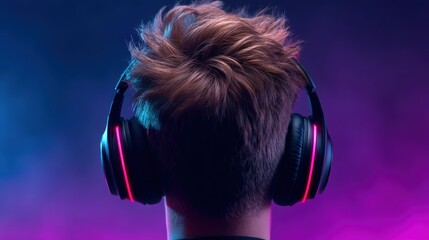 A person with stylish hair is wearing headphones, facing away from the camera against a colorful, illuminated background.