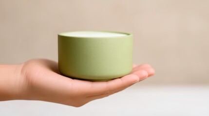 A hand holds a small, green bowl, showcasing a minimalist design against a soft, neutral background.