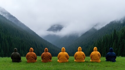 A serene scene of individuals in colorful robes meditating on a grassy hillside, surrounded by lush green mountains and misty clouds.