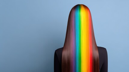 A person with long, straight hair featuring a vibrant rainbow gradient against a blue background.
