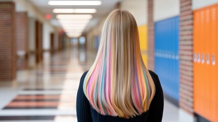 A student with colorful hair stands in a school hallway lined with lockers, creating a vibrant atmosphere.