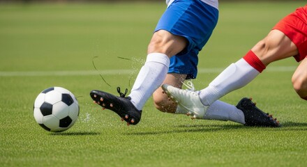 Obraz premium Close-up of two soccer players' legs in intense action on a vibrant green field, competing for the ball.