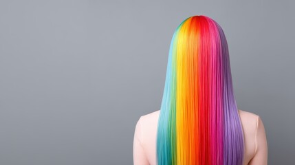 A vibrant rainbow-colored hairstyle against a plain gray background, showcasing a creative and bold hair fashion statement.