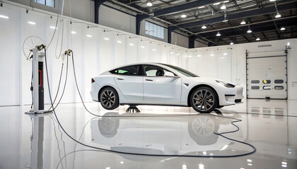 Fototapeta premium White Electric Car Charging and Servicing in a Modern Automotive Facility