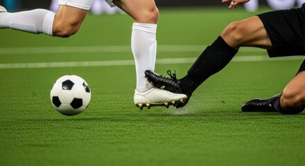 Obraz premium Close-up of two soccer players' legs in action, one dribbling the ball while another attempts a tackle on a green field.