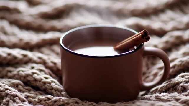 Warm beverage and cinnamon stick on textured woven blanket for cold weather