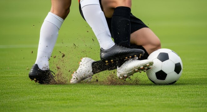 Two soccer players' feet engage in a tackle on a green field, with dirt flying during intense match action.