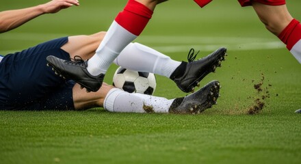 Obraz premium Dynamic moment of two soccer players' legs clashing in a fierce tackle for the ball on a green field.