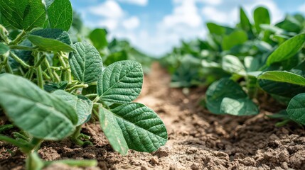 Close Up of Vibrant Green Soybean Leaves Growing in a Farm Field with Blue Sky and White Clouds on a Sunny Day in Rows
