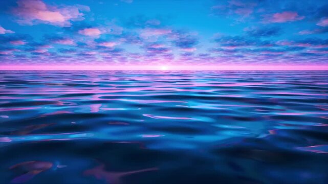 4K cinematic video futuristic glass ocean, smooth mirror surface reflecting dynamic twilight sky, neon tides flowing gently beneath transparent water, pulsing neon light blue pink, scattered glowing