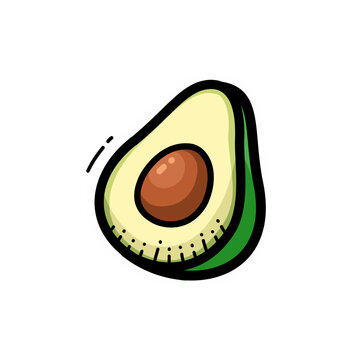Cartoon illustration of a halved avocado with its brown pit, featuring a green skin and creamy yellow flesh on a white background.