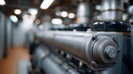 Fototapeta premium Detailed close up of industrial engine hinery with metal pipes and bolts within a clean modern technical engine room