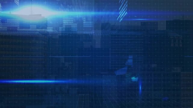 Animation of computer language and blue lens flare moving over modern buildings