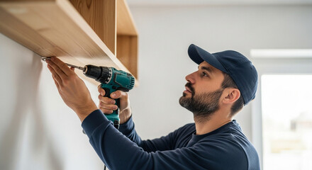 Man using electric drill to install a shelf in a home