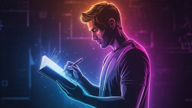 A futuristic individual diligently chronicles insights within an ethereal glowing journal amidst a