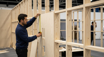 Carpenter Measuring Wood Panel for Construction Project