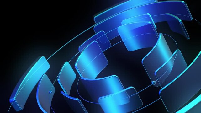 Abstract technology background with dynamic blue and cyan translucent geometric shapes. Modern futuristic design, perfect for digital displays, presentations, wallpaper, and creative projects. Evokes